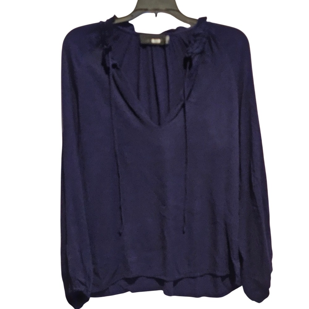 BLACK LABEL Women's Navy Blue Ruffled Neck Tie Neck Blouse Long Sleeve Size M